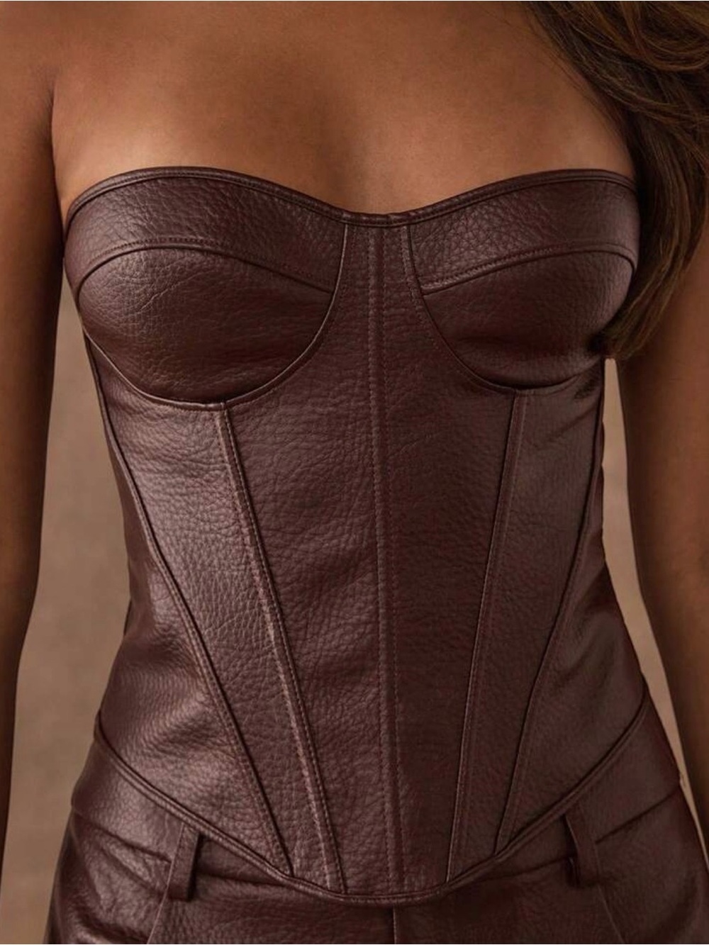 Strapless Leather Corset Top in Deep Brown